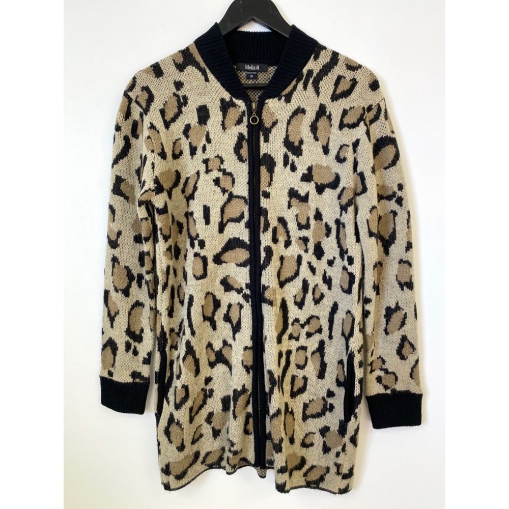 Knit leopard cheetah long full zip cardigan sweater